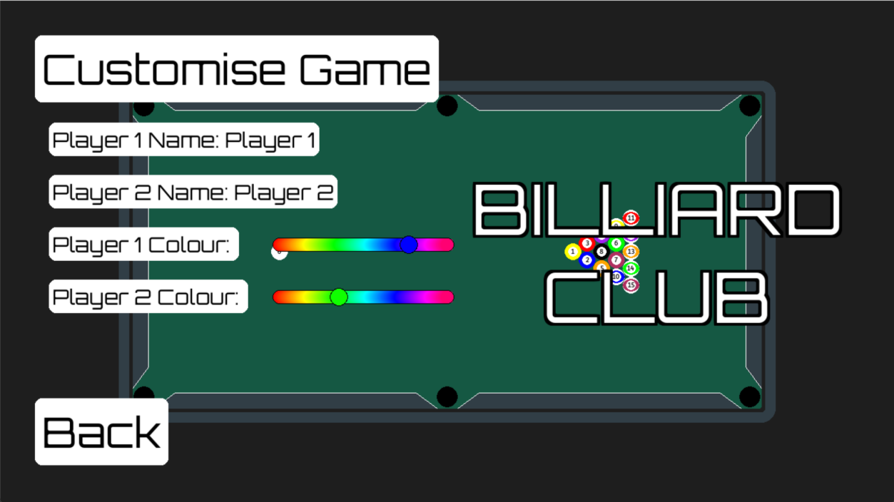 Customise Game screen, where each player enters a name and picks a colour off a rainbow slider, which then colours their turn indicator and ball tracker in-game