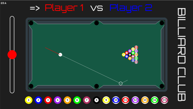 Mid-game, showing the aim line, shot power slider, turn indicator, and per-player ball tracker along the bottom