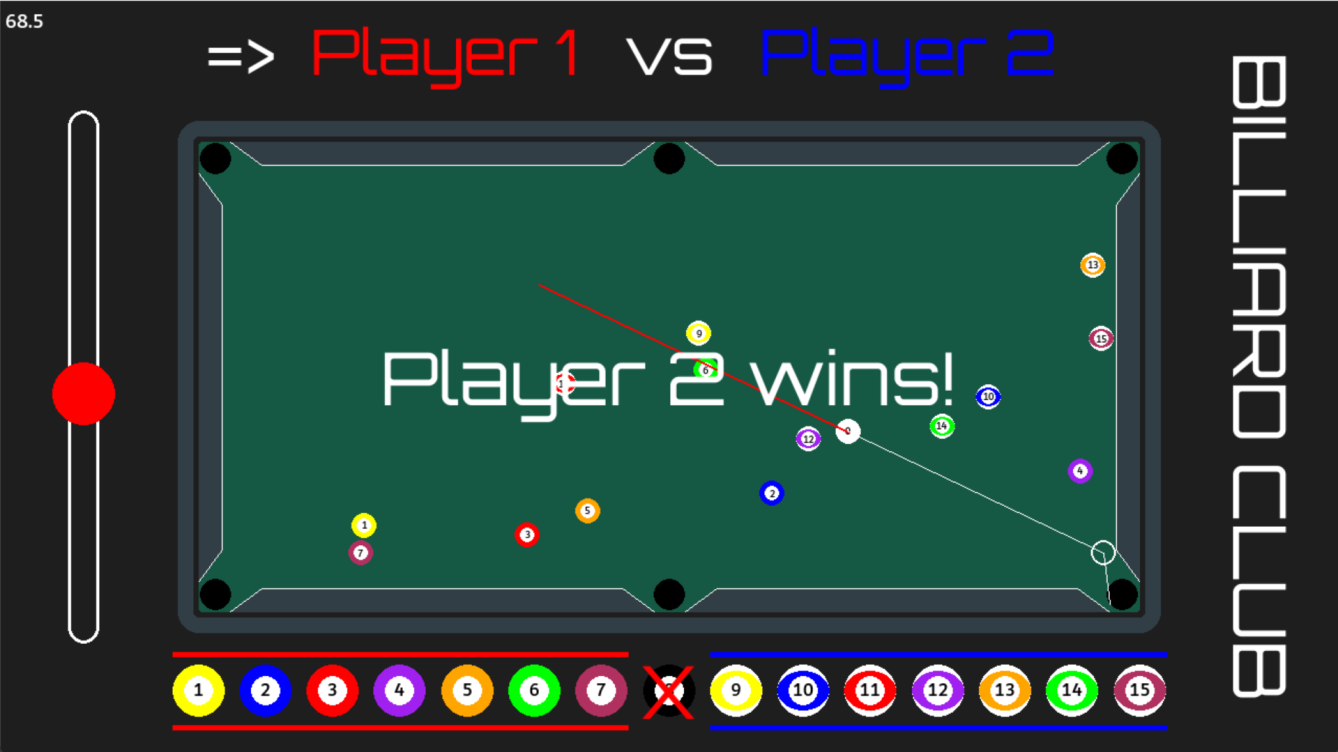 End-of-game screen showing the win message, final ball positions, and the potted/remaining ball tracker for each player