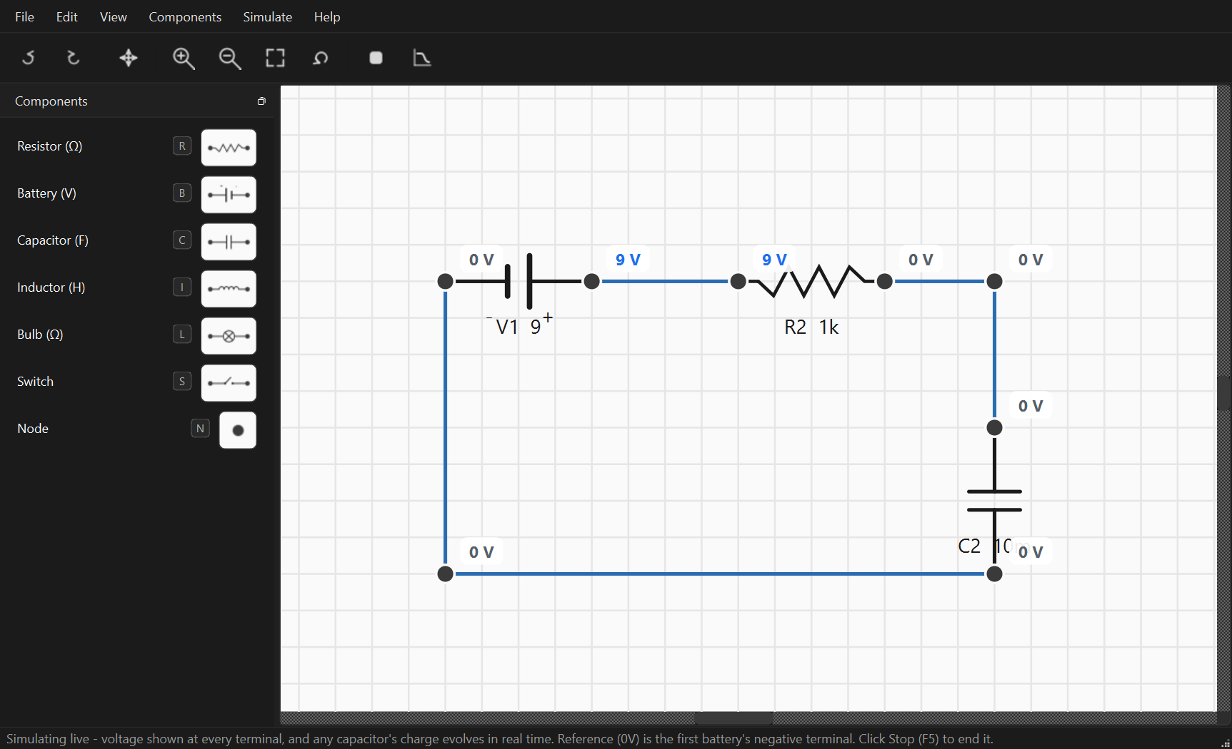 Live simulation, with voltage labelled at every terminal, refreshing as the circuit is edited