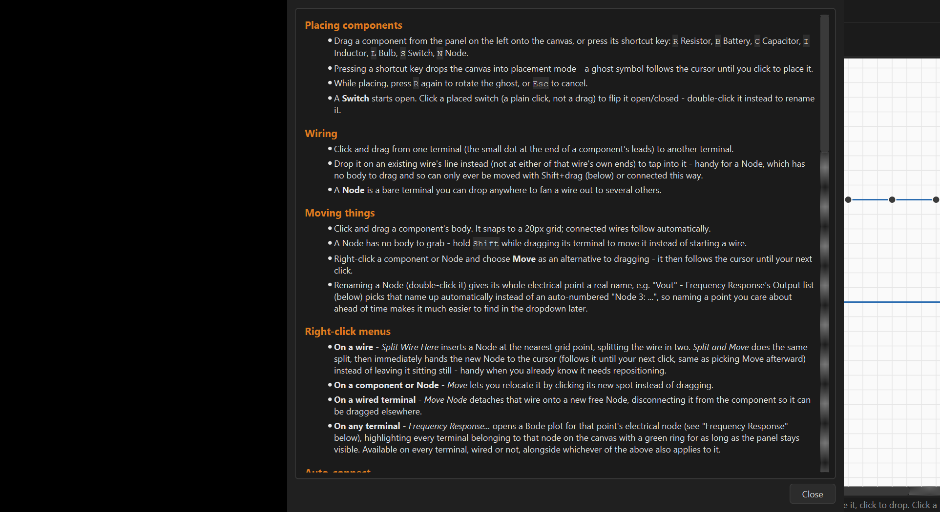 The Help > Controls reference panel, listing shortcuts for placing components, wiring, moving things, and every right-click menu