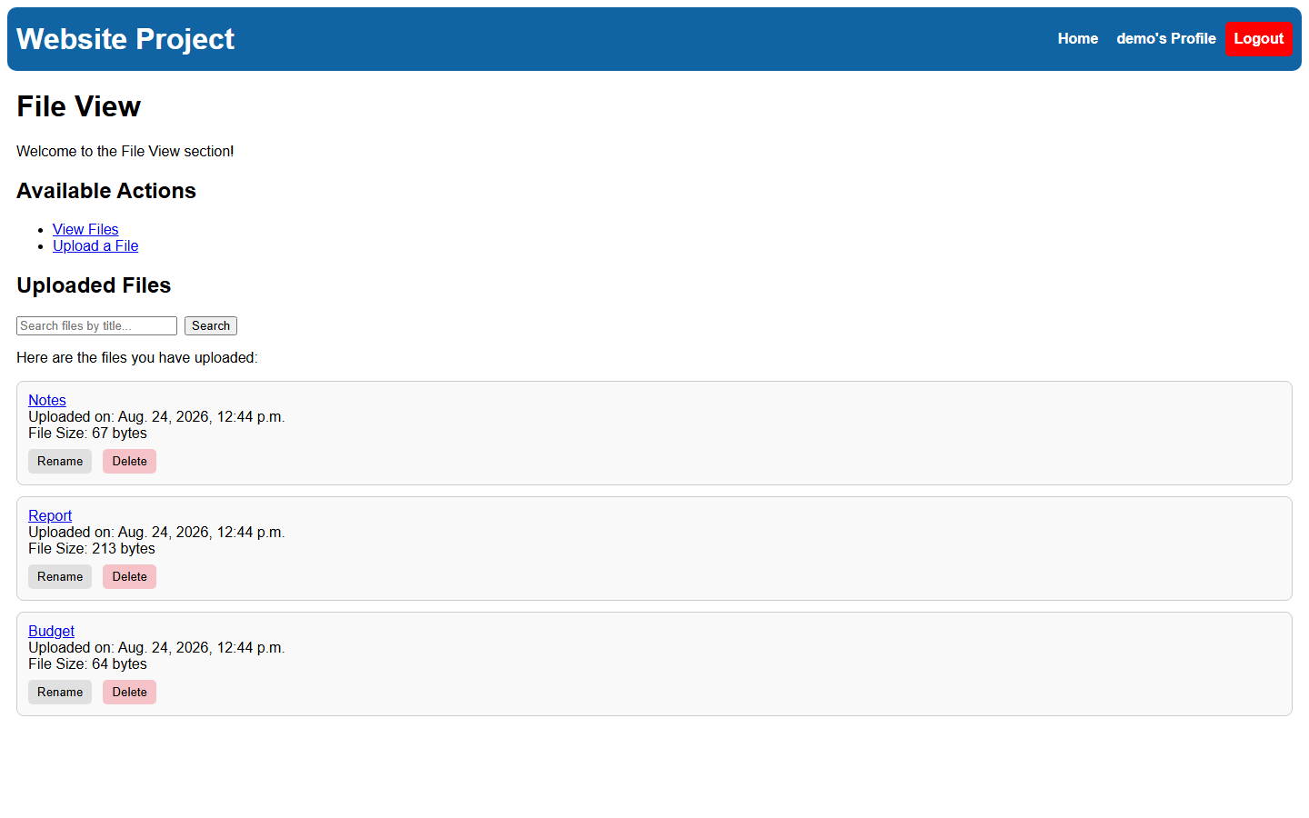 File View page listing three uploaded files, each with its upload date, size, and Rename/Delete buttons