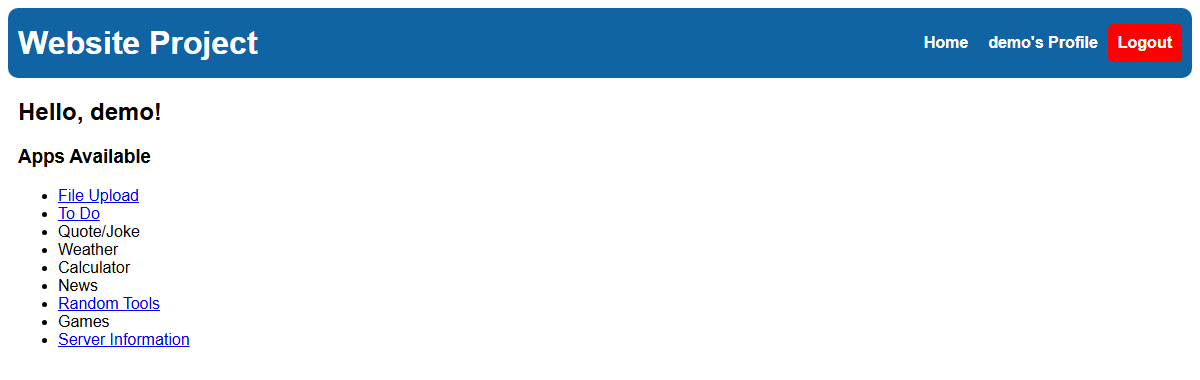 Home page after logging in, listing the apps available on the site