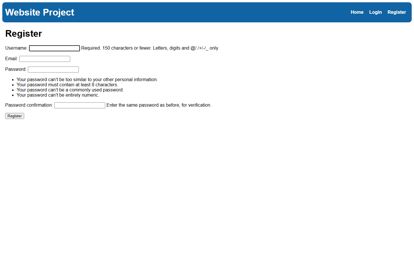 Register page, with Django’s built-in password requirements listed under the password field