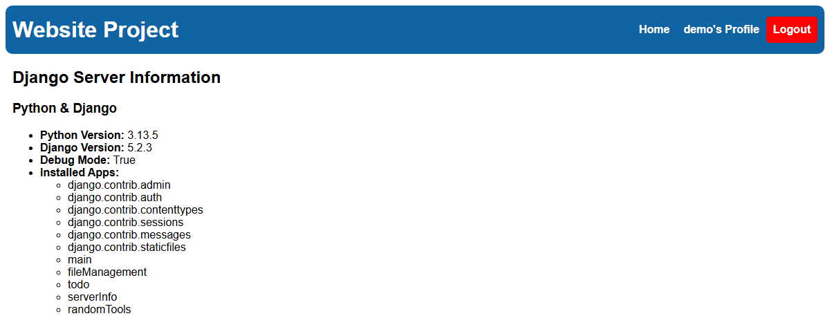 Server Information page, showing the Python/Django versions and installed apps
