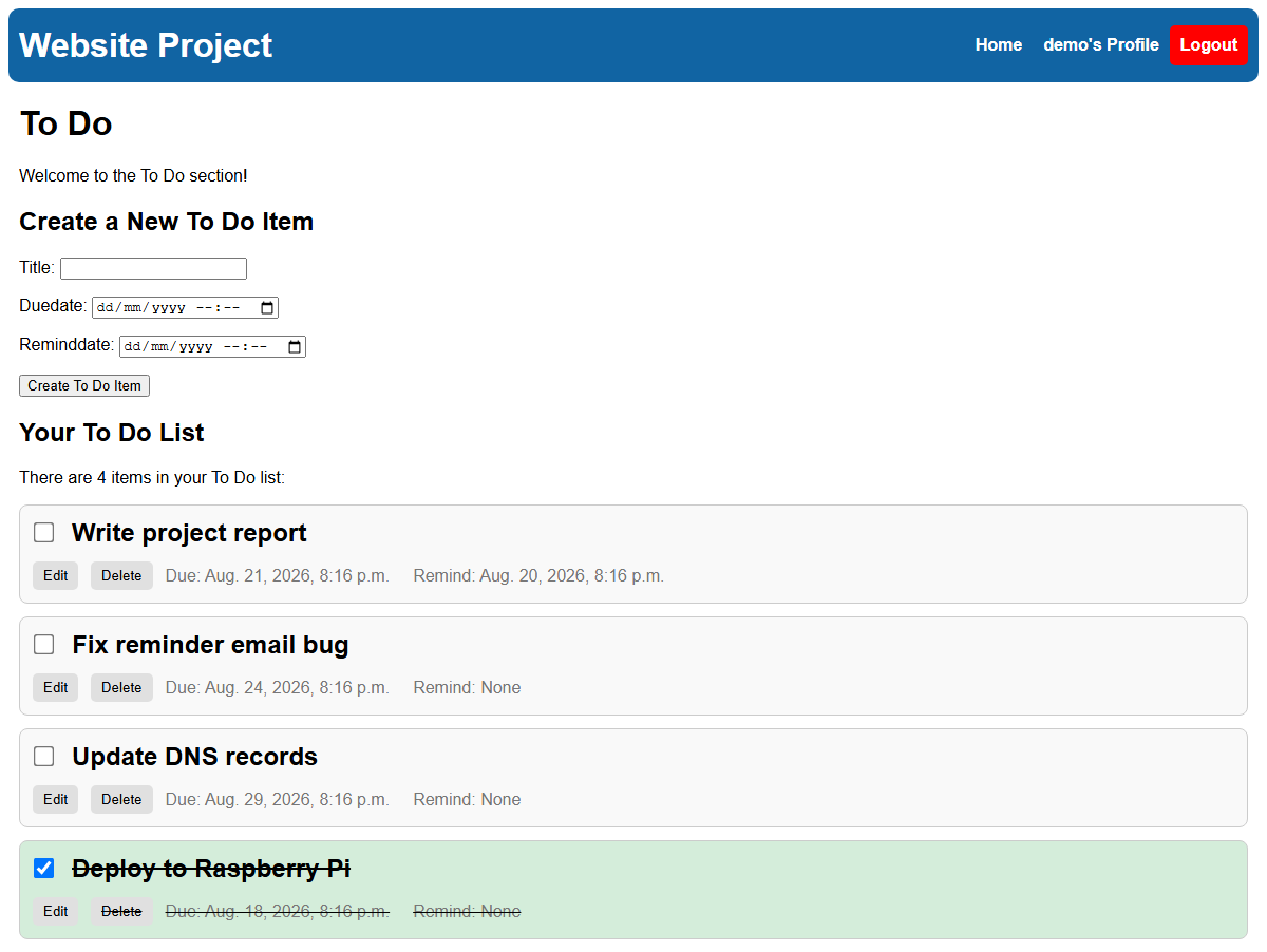 To-do list with a mix of open and completed items, each showing its due and remind dates