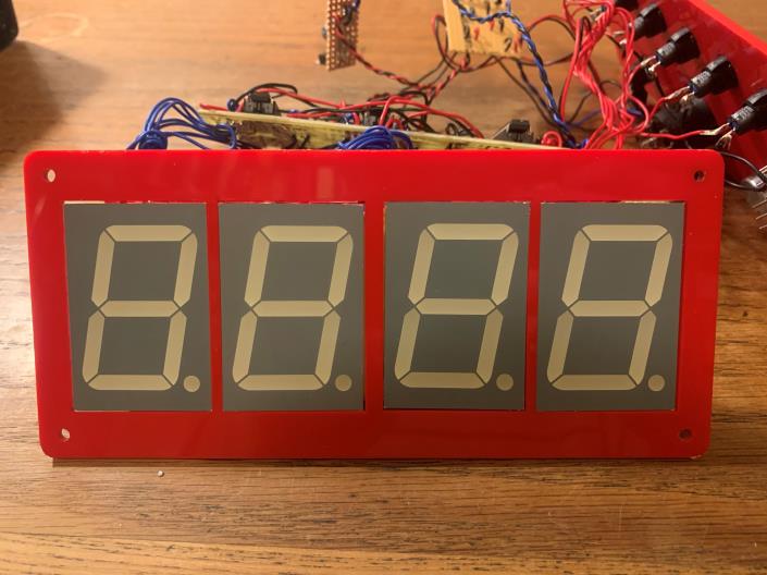 Seven-segment displays and PCB wiring mid-assembly, before the case was closed up