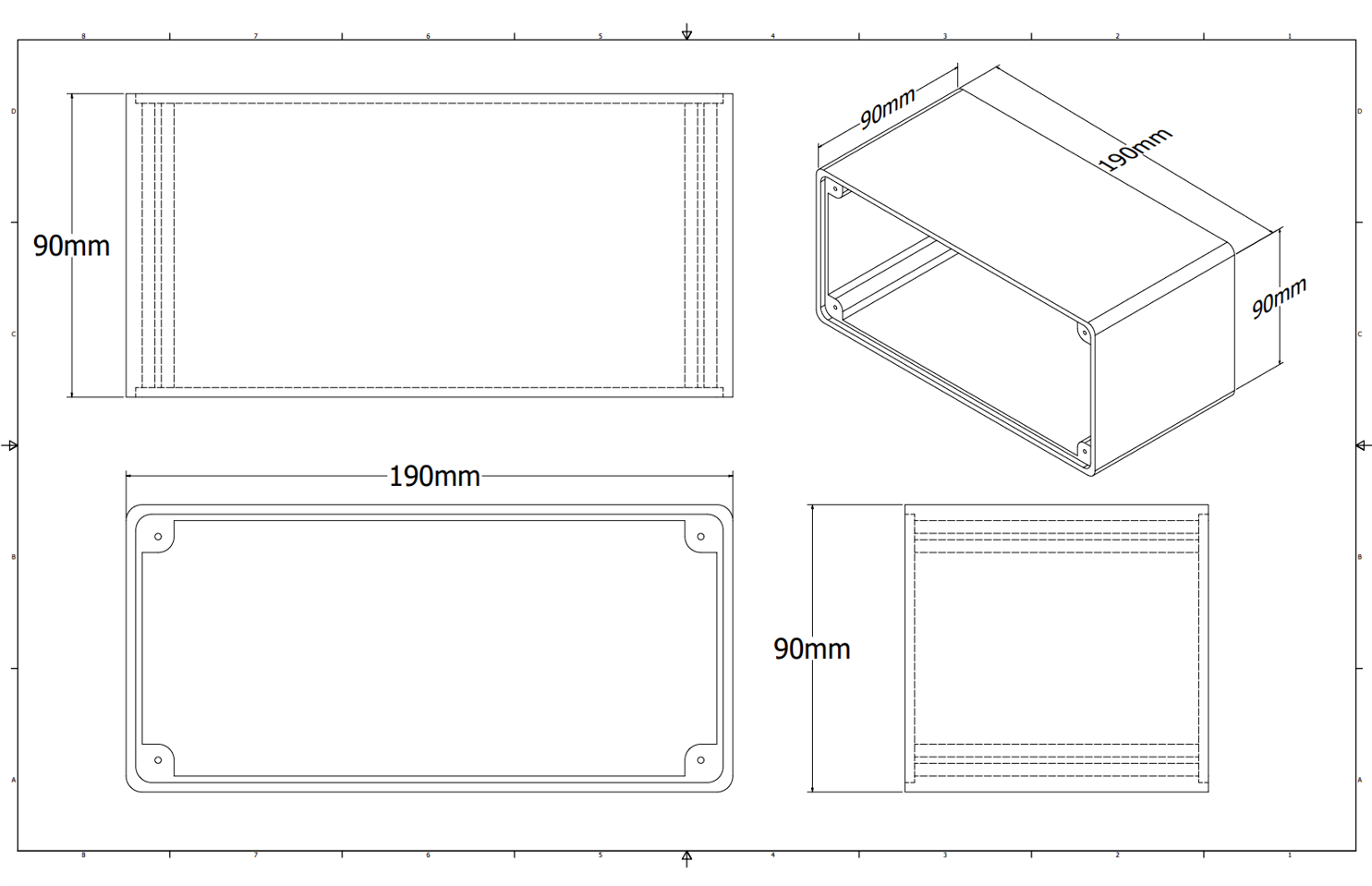 CAD drawing of the case base: front, side, and top orthographic views plus an isometric, 190×90×90mm with filleted edges