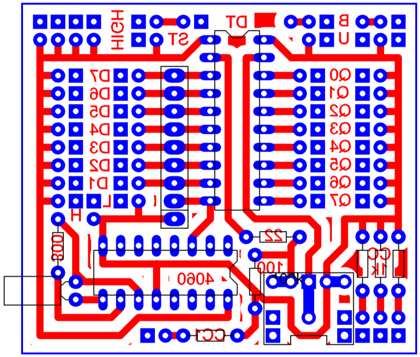PCB layout for the timebase board, mirrored for etching, the traces routed around the 4060B counter