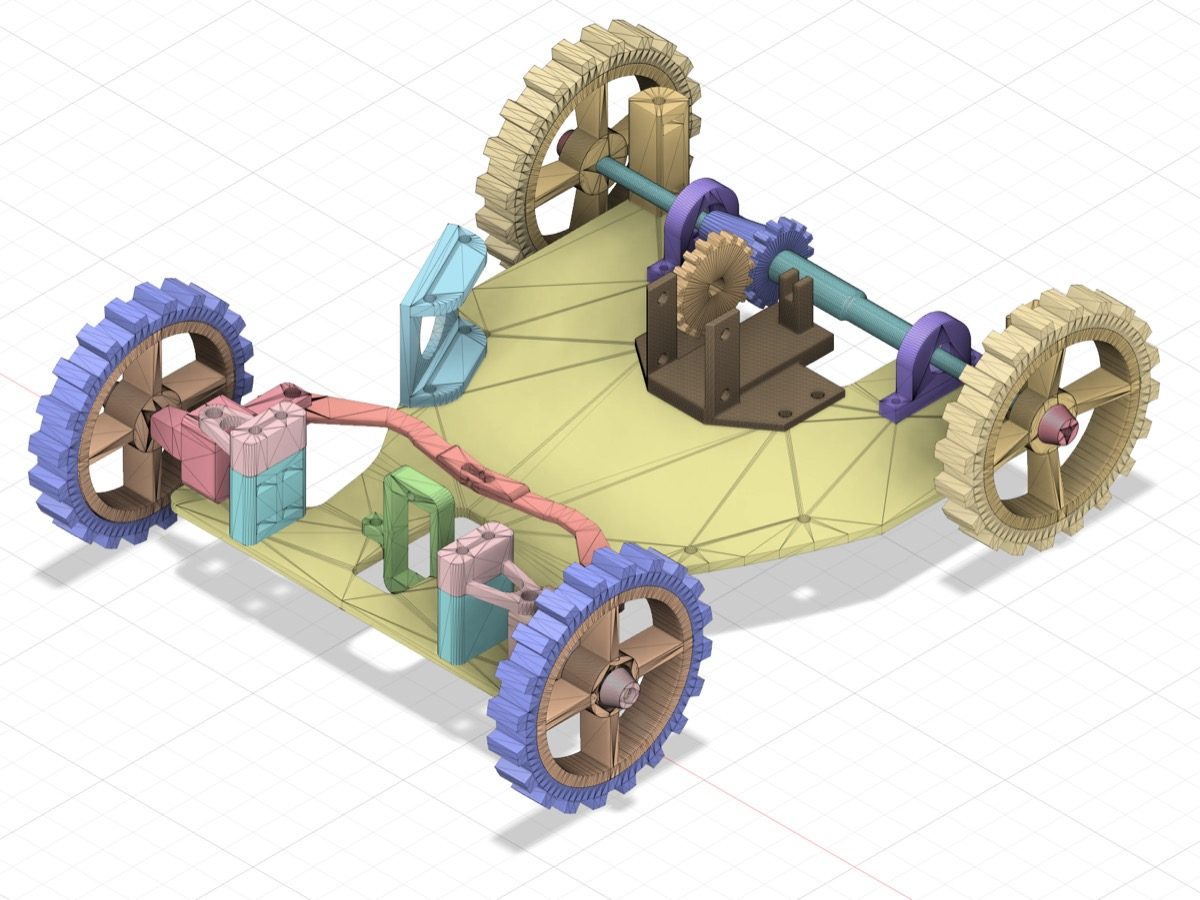 CAD render of the full chassis assembly: steering linkage, wheels, and mounting points for the sensor board