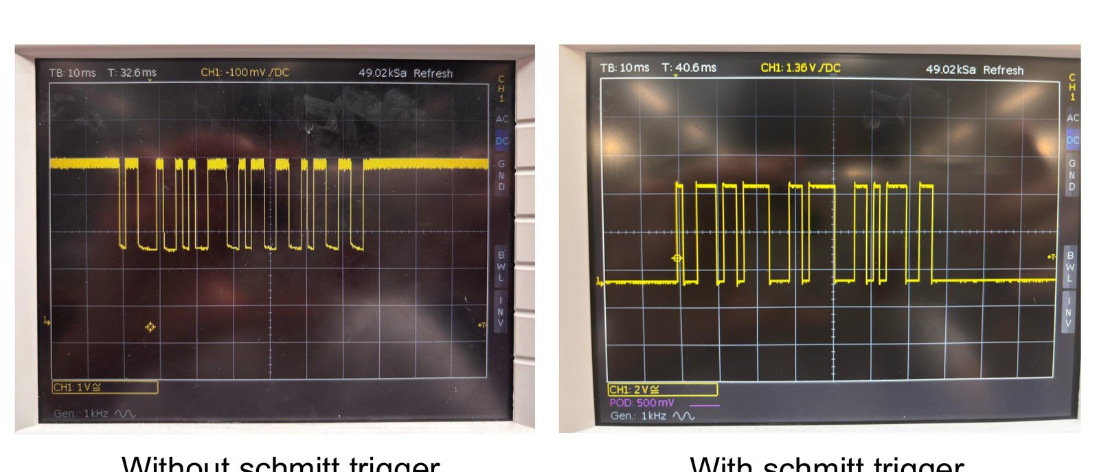 Oscilloscope trace of the demodulated signal before and after the Schmitt trigger: ragged, sagging pulses on the left squared up into clean logic edges on the right