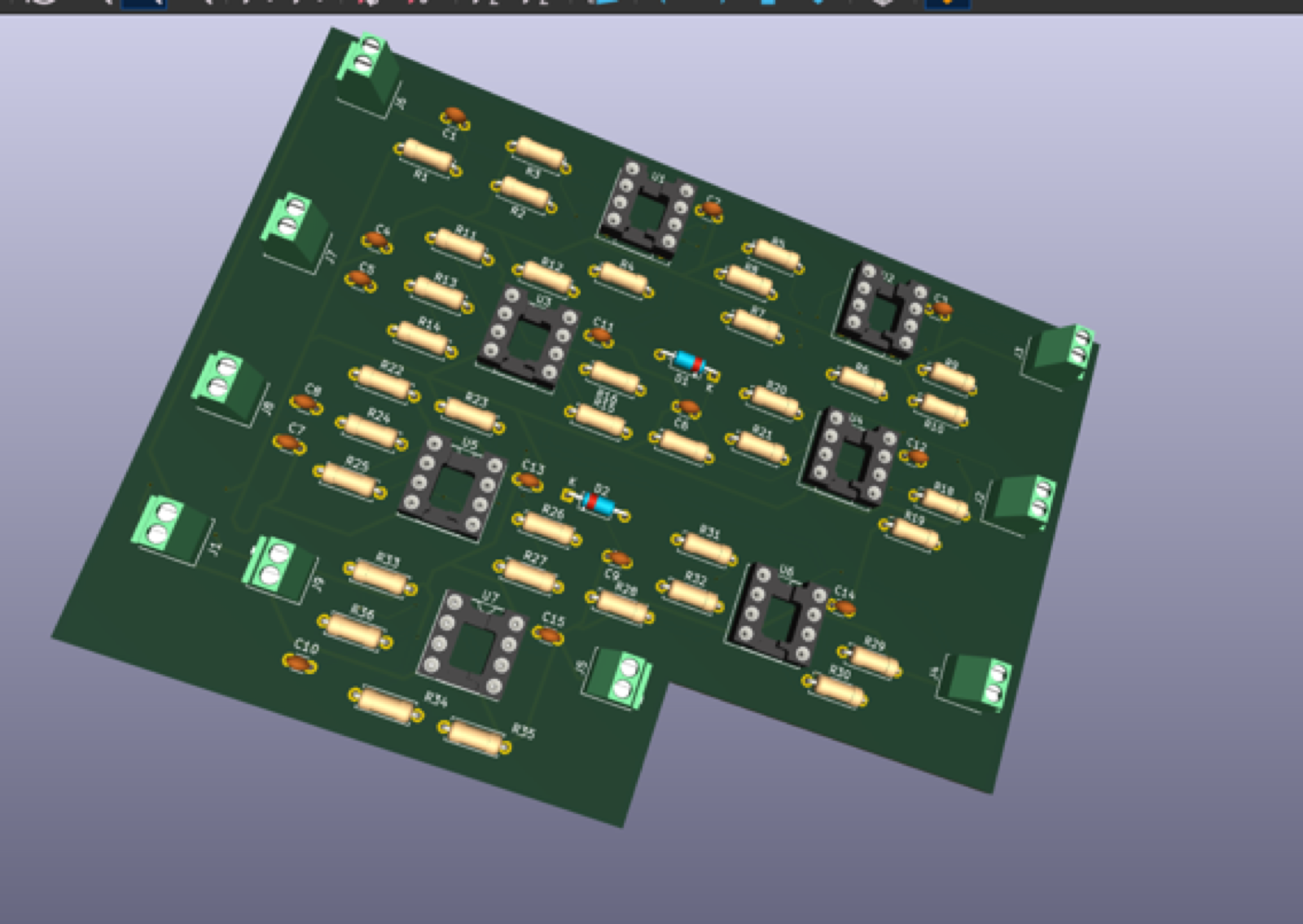 3D-rendered view of the designed sensor PCB, showing seven socketed op-amp ICs, screw terminals along every edge, and passive components routed across two joined boards