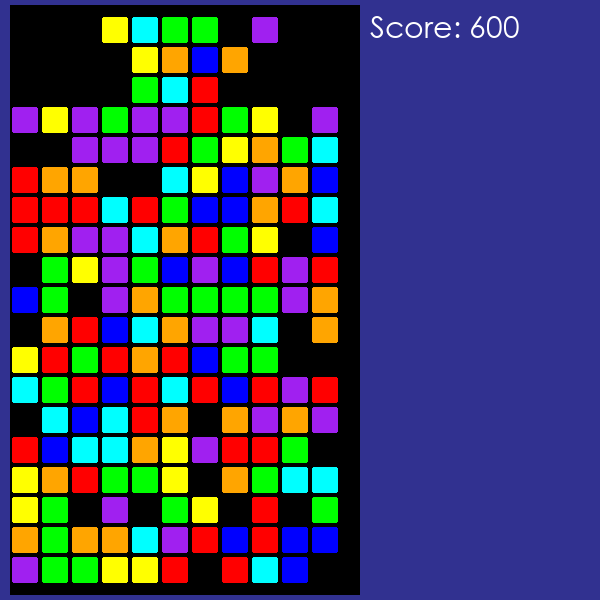 Tetris game over, the stack has filled up to the top of the board and no new piece can spawn