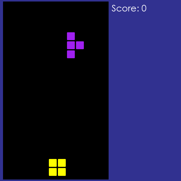 Tetris mid-game, a rotated piece falling above a locked row, captured from the actual game code